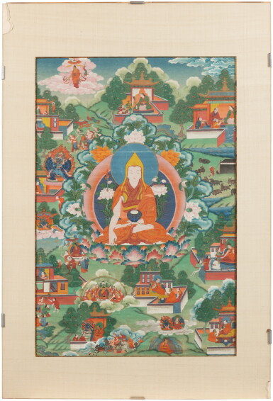 View full screen - View 1 of Lot 91. Three thangkas depicting Drala Tatug Karpo and Tsongkapa, Mongolia, 18th / 19th century | 蒙古 十八 / 十九世紀 威勝天王及無量壽佛及宗喀巴唐卡 設色布本 一組三幀.