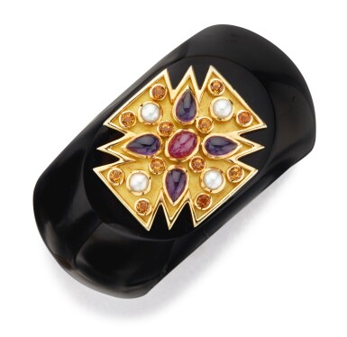 View full screen - View 1 of Lot 56. Verdura | Onyx, Cultured Pearl and Gem-Set 'Maltese Cross' Cuff-Bracelet.