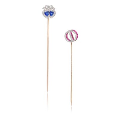 View full screen - View 1 of Lot 1121. Sapphire and diamond tie pin and a ruby and diamond tie pin , circa 1910.
