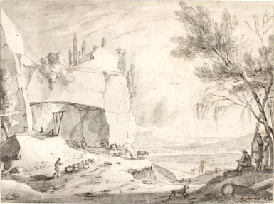 View full screen - View 1 of Lot 49. Mountainous landscape with an artist sketching.