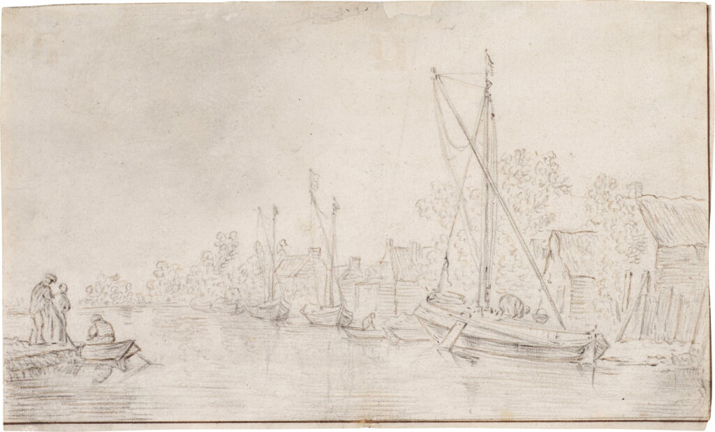 View full screen - View 1 of Lot 102. River landscape with boats moored by huts.