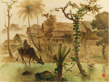 View full screen - View 1 of Lot 226. Lee Man Fong 李曼峰 | Landscape with Boy and Buffalo 風景與牧童雙牛.