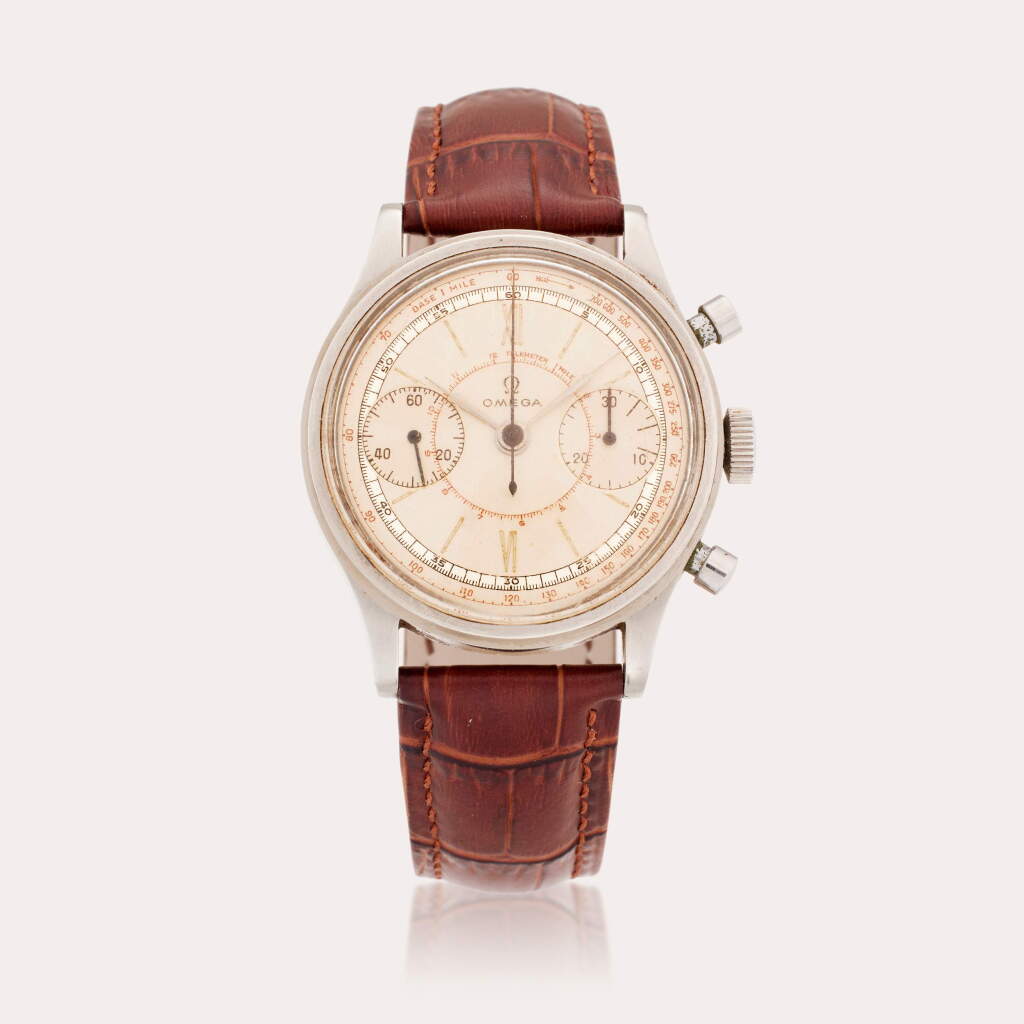 View full screen - View 1 of Lot 143. Reference CK 2077-1 | A rare stainless steel chronograph wristwatch with two-tone Roman numeral dial, Circa 1940.