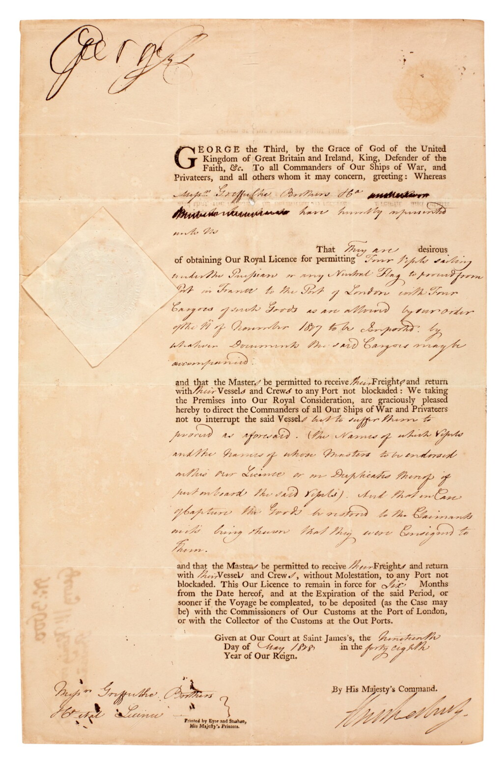 View full screen - View 1 of Lot 50. GEORGE III | document signed, 1808.