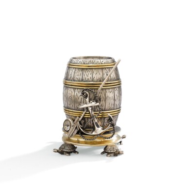 View full screen - View 1 of Lot 64. A COVERED PARCEL-GILT SILVER MUSTARD-POT, MAKER'S MARK RM, RIGA, CIRCA 1880 | MOUTARDIER COUVERT EN ARGENT ET VERMEIL, POINÇON D'ORFÈVRE RM, RIGA, VERS 1880.