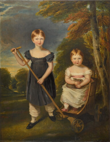 View full screen - View 1 of Lot 90. Portrait of the Hon. Charles George Noel, later 2nd Earl of Gainsborough (1818–1881), and his sister Lady Mary Arabella Louisa Noel (1822–1883), full-length, in a wooden pram holding a rabbit in a landscape setting.