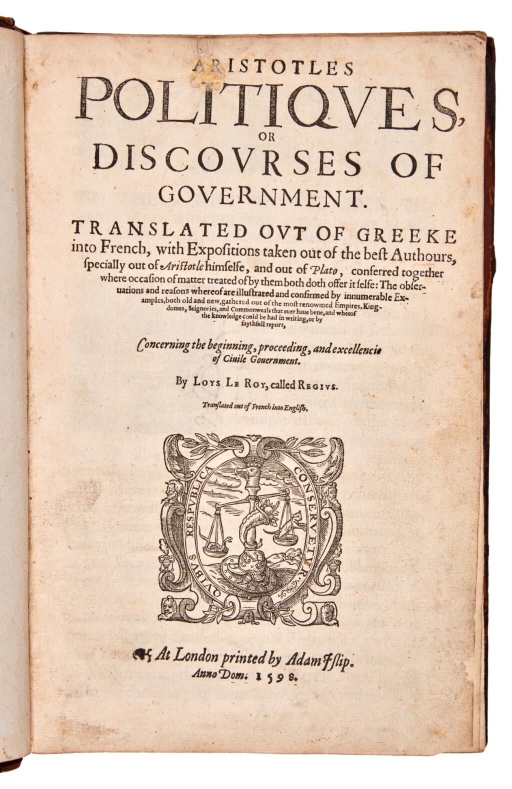View full screen - View 1 of Lot 2. Aristotle | Politiques, 1598, tree calf.
