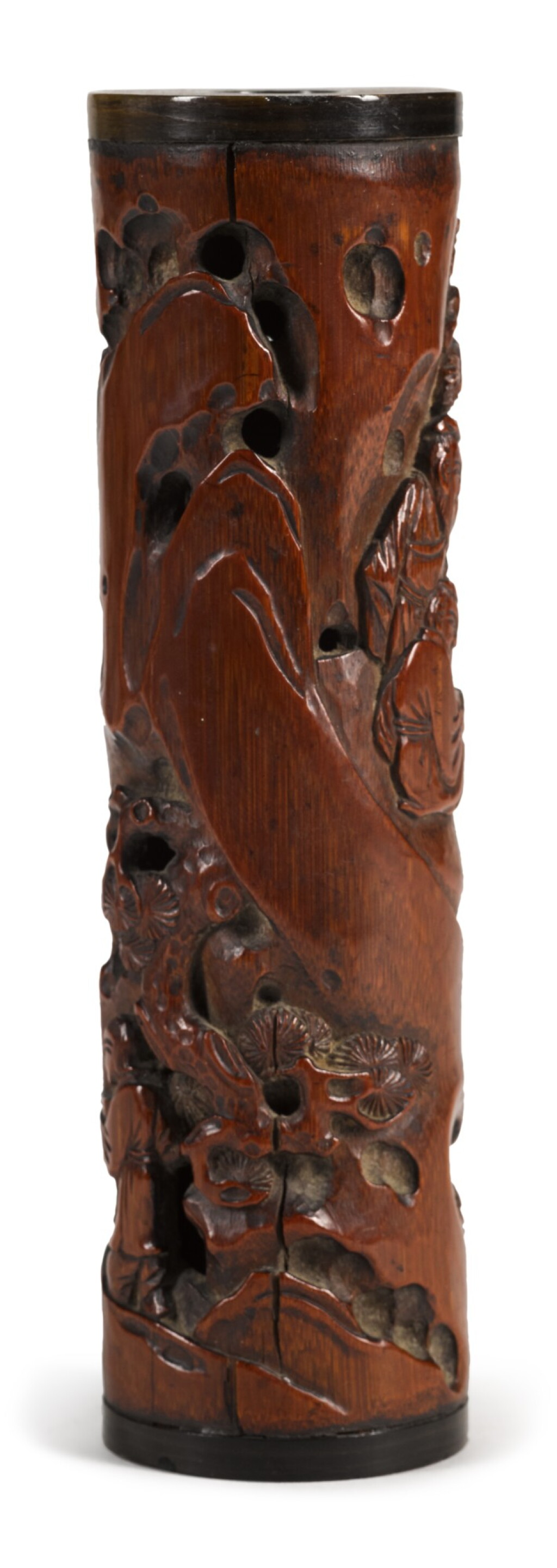 View full screen - View 1 of Lot 40. A BUFFALO HORN RIMMED CARVED BAMBOO INCENSE HOLDER | 18TH CENTURY | 清十八世紀 鏤雕松下高士香筒.