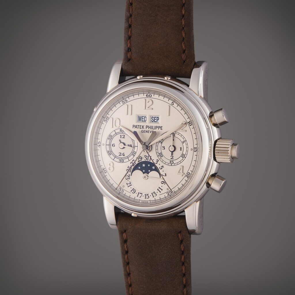 View full screen - View 1 of Lot 207. Reference 5004P-021 | A platinum perpetual calendar split-seconds chronograph wristwatch with moon phases, 24-hours, and leap year indication, Circa 2004.