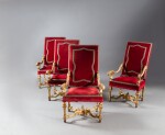 A set of four Italian giltwood armchairs, Venice, circa 1710-1715 | Ensemble de quatre fauteuils en bois doré, travail italien, Venise, vers 1710-1715