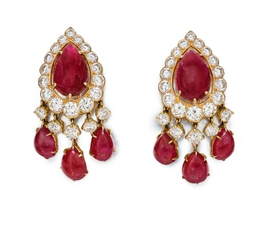 View full screen - View 1 of Lot 109. Van Cleef & Arpels | Pair of Ruby and Diamond Earclips 梵克雅寶 紅寶石配鑽石耳環一對.