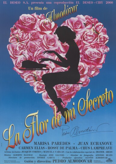 View full screen - View 1 of Lot 156. LA FLOR DE MI SECRETO / FLOWER OF MY SECRET (1995) POSTER, SPANISH, SIGNED BY PEDRO ALMONOVAR.