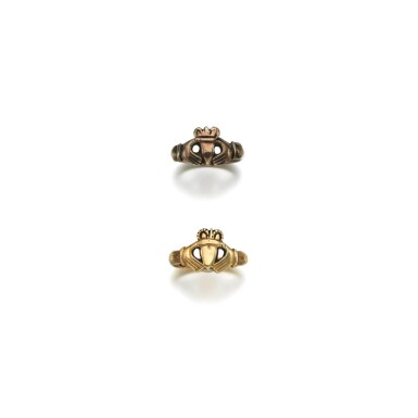 View full screen - View 1 of Lot 196. TWO CLADDAGH RINGS, ONE BY GEORGE ROBINSON, GALWAY, CIRCA 1785.