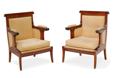 View full screen - View 1 of Lot 95. A PAIR OF MAHOGANY ARMCHAIRS STAMPED BY E. BRUNET, CIRCA 1900 | PAIRE DE FAUTEUILS EN ACAJOU ESTAMPILLÉE PAR E. BRUNET, VERS 1900.