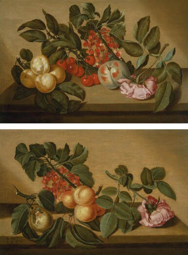 View full screen - View 1 of Lot 144. BARTHOLOMEUS ASSTEYN | Still life with apricots, cherries, currants, a peach, and a pink rose on a ledge; and Still life with a pear, currants, apricots and a pink rose on a ledge.