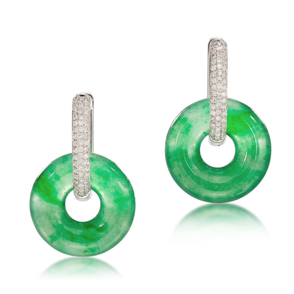 View full screen - View 1 of Lot 2890. Pair of Jadeite Hoop and Diamond Pendent Earrings | 天然翡翠環 配 鑽石 耳墜一對.