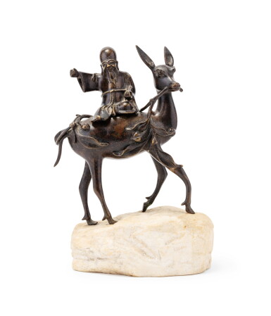 View full screen - View 1 of Lot 65. A bronze figure of Shoulao, Ming dynasty, 17th century | 明十七世紀 銅壽老騎鹿擺件.