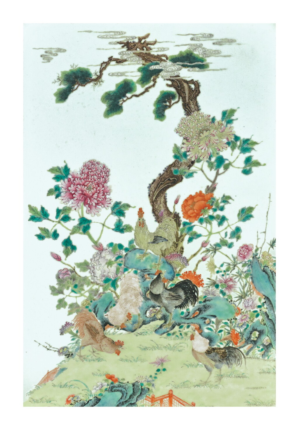 View full screen - View 1 of Lot 687. A famille-rose 'cockerels' panel, Qing dynasty, Qianlong / Jiaqing period.