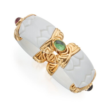 View full screen - View 1 of Lot 37. GOLD, PORCELAIN AND GEM-SET 'CHANDRA' BRACELET, BULGARI.