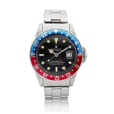 View full screen - View 1 of Lot 8251. GMT-Master, Reference 1675 | A stainless steel dual time zone wristwatch with Long E dial, date and bracelet, Circa 1968 | 勞力士 GMT-Master 型號1675 | 精鋼兩地時間鏈帶腕錶,備 Long E 錶盤及日期顯示,約1968年製.