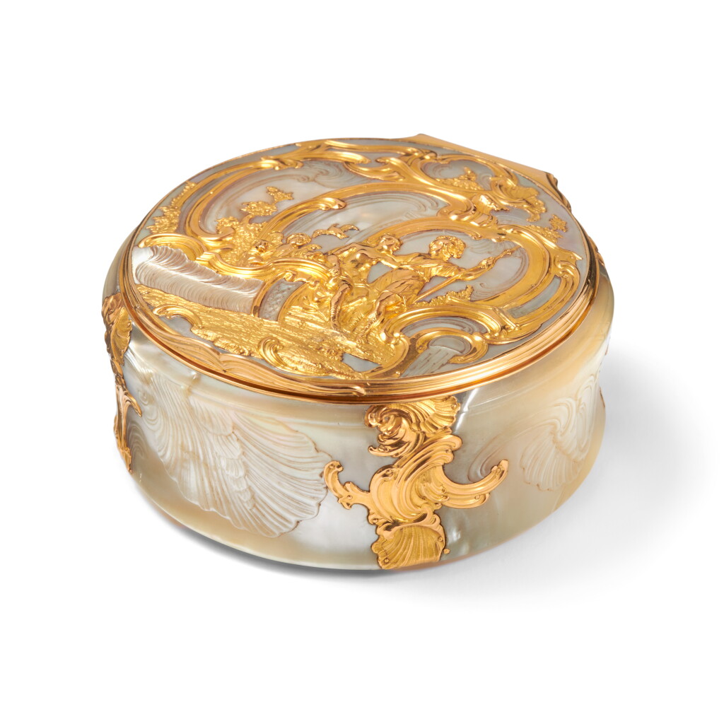 View full screen - View 1 of Lot 1064. A large gold-mounted mother-of-pearl snuff box, German, mid-eighteenth century.