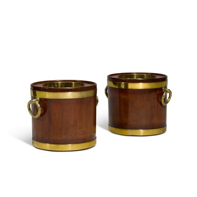 View full screen - View 1 of Lot 270. A pair of George III brass bound mahogany wine coolers, last quarter 18th century.