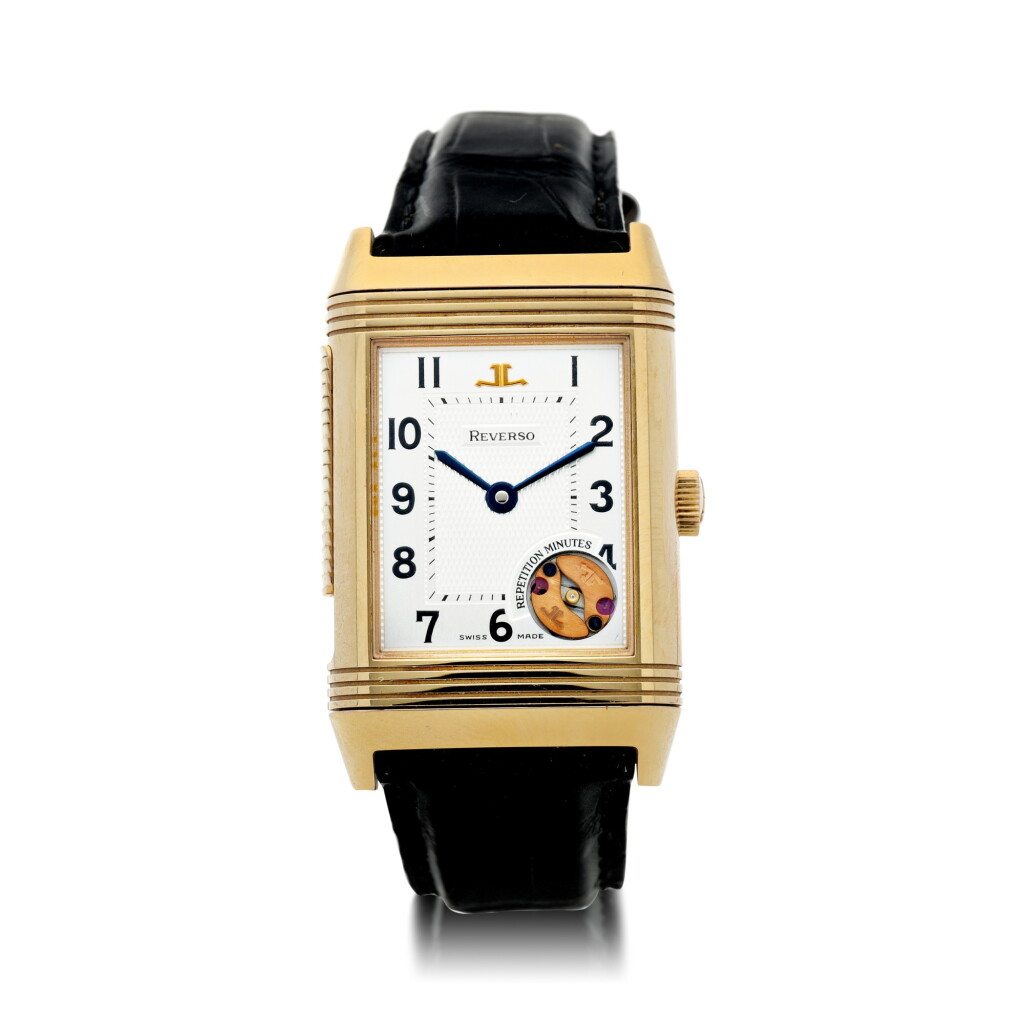 View full screen - View 1 of Lot 98. REFERENCE 270.240.732 REVERSO RÉPÉTITION MINUTES A LIMITED EDITION PINK GOLD MINUTE REPEATING REVERSIBLE WRISTWATCH, CIRCA 1995.