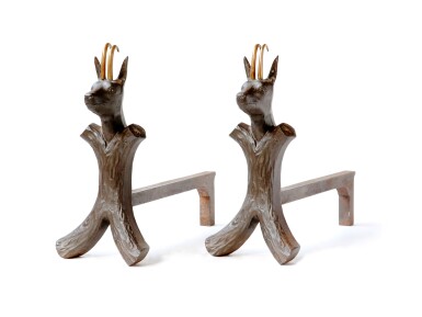 View full screen - View 1 of Lot 24. FRENCH SCHOOL, A PAIR OF IBEX ANDIRONS, CIRCA 1940 | TRAVAIL FRANÇAIS, PAIRE DE CHENETS AUX BOUQUETINS, VERS 1940.
