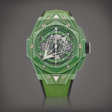 View full screen - View 1 of Lot 8619. Big Bang Unico Sang Bleu, Reference 418.GX.5207.RX.MXM22 | A limited edition ceramic and titanium semi-skeletonised flyback chronograph wristwatch with date, Circa 2022 | 宇舶 | Big Bang Unico Sang Bleu 型號418.GX.5207.RX.MXM22 | 限量版陶瓷及鈦金屬半鏤空飛返計時腕錶,備日期顯示,約2022年製.