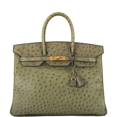 View full screen - View 1 of Lot 20. Hermès Vert Olive Birkin 35cm of Ostrich with Gold Hardware.