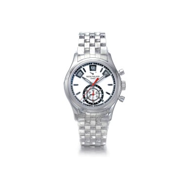 View full screen - View 1 of Lot 1030. PATEK PHILIPPE | REF 5960/1A, A STAINLESS STEEL ANNUAL CALENDAR FLYBACK CHRONOGRAPH WRISTWATCH WITH POWER RESERVE DAY AND NIGHT INDICATION AND BRACELET, CIRCA 2017 | 百達翡麗 | 5980/1A型號精鋼自動上鏈飛返計時鍊帶腕錶備日期顯示,年份約2008.