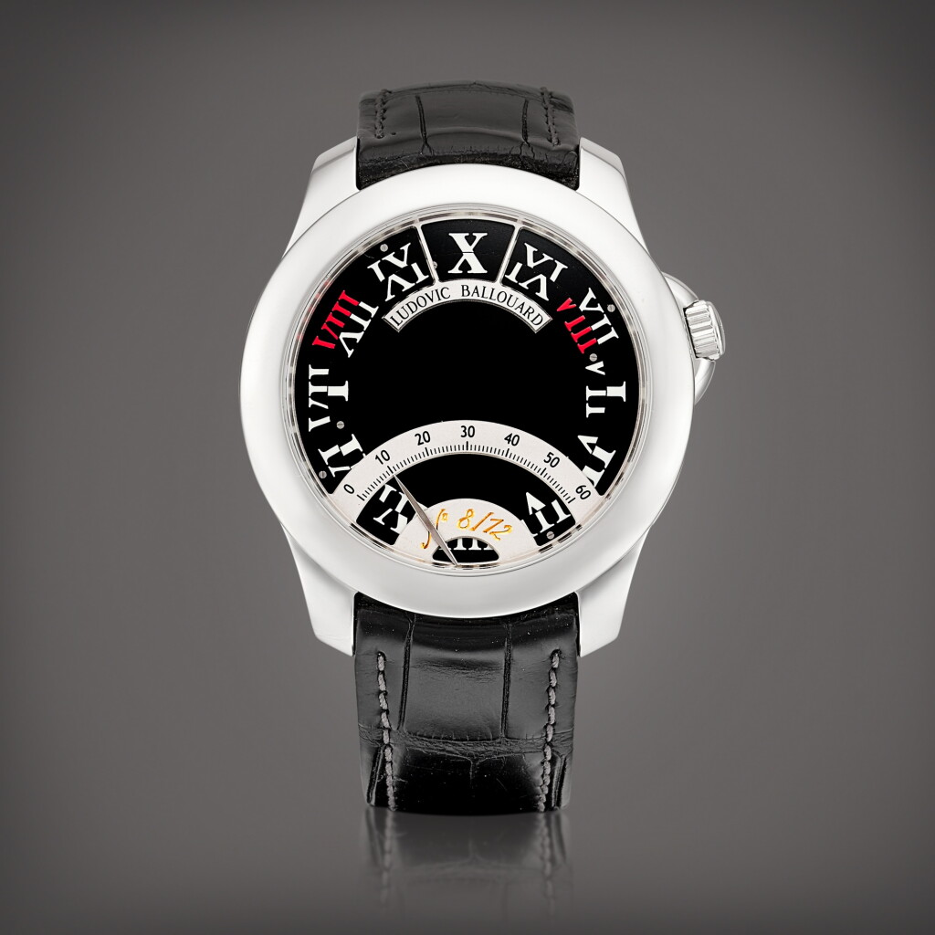 View full screen - View 1 of Lot 2158. Half Time A platinum jumping hour wristwatch with retrograde minutes, Circa 2012 | Half Time 鉑金跳時腕錶,備逆跳分鐘,約2012年製.