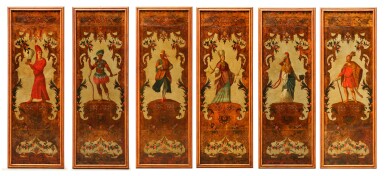 View full screen - View 1 of Lot 84. A SUITE OF SIX EMBOSSED LEATHER PANELS, PROBABLY ITALIAN, EARLY 18TH CENTURY | SUITE DE SIX GRANDS PANNEAUX DE CUIR GAUFRÉ POLYCHROME, PROBABLEMENT ITALIE, DÉBUT DU XVIIIE SIÈCLE.
