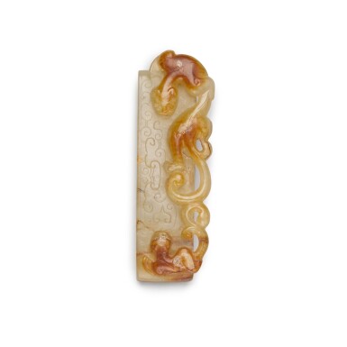 View full screen - View 1 of Lot 38. An archaistic celadon and russet jade scabbard slide, Probably Song dynasty | 或宋 褐斑青玉仿古劍璏.