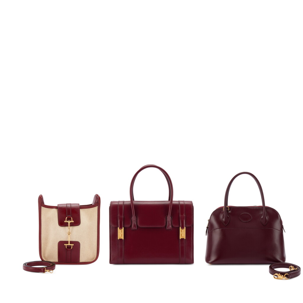 View full screen - View 1 of Lot 672. Set of Three Vintage Rouge H Box Bolide 25, Mini Drag 26 and Canvas Bag.