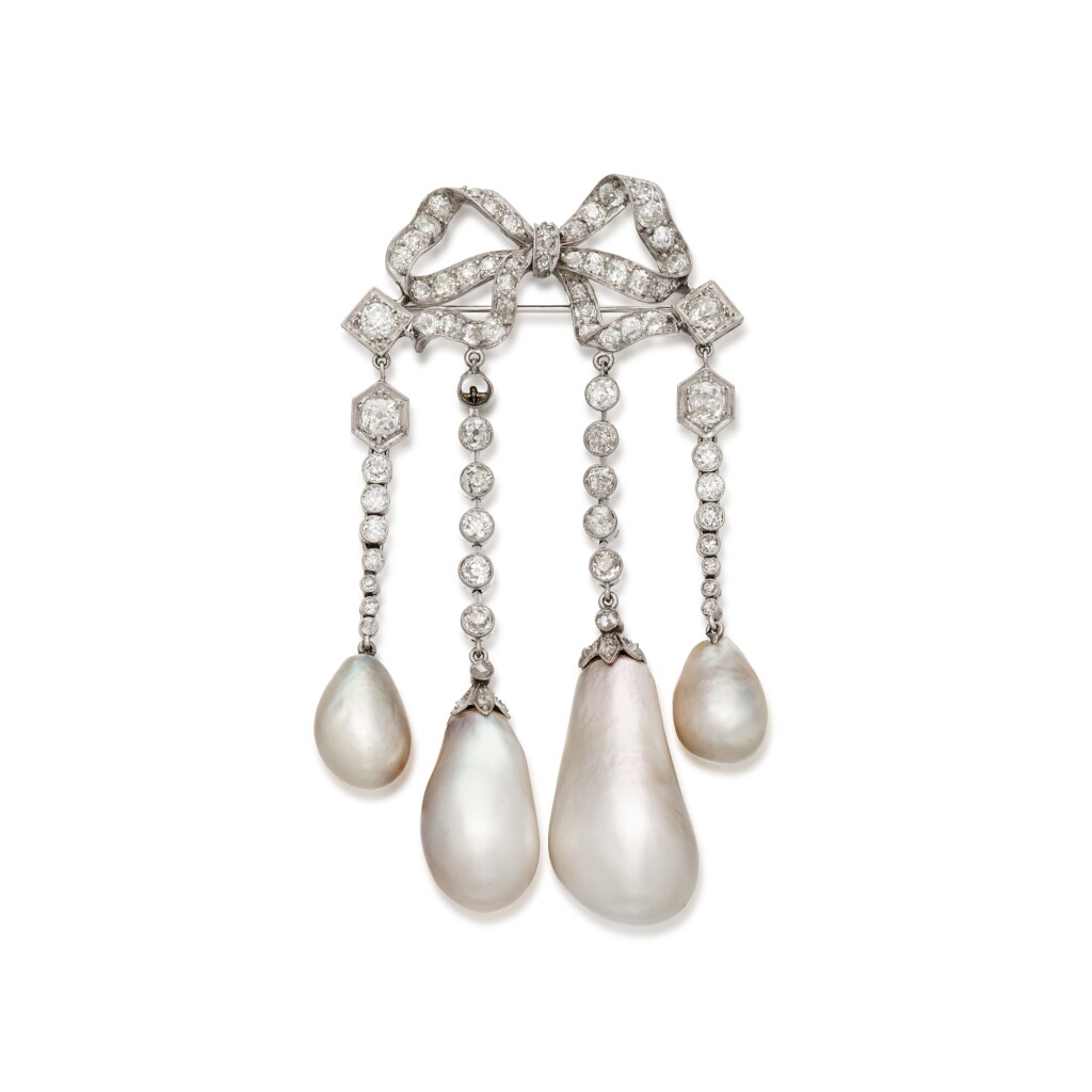 View full screen - View 1 of Lot 469. Natural Pearl and Diamond Brooch.