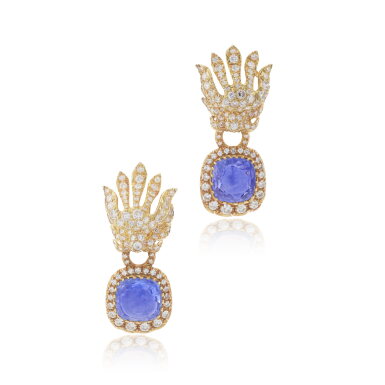 View full screen - View 1 of Lot 814. Pair of sapphire and diamond pendent earrings.