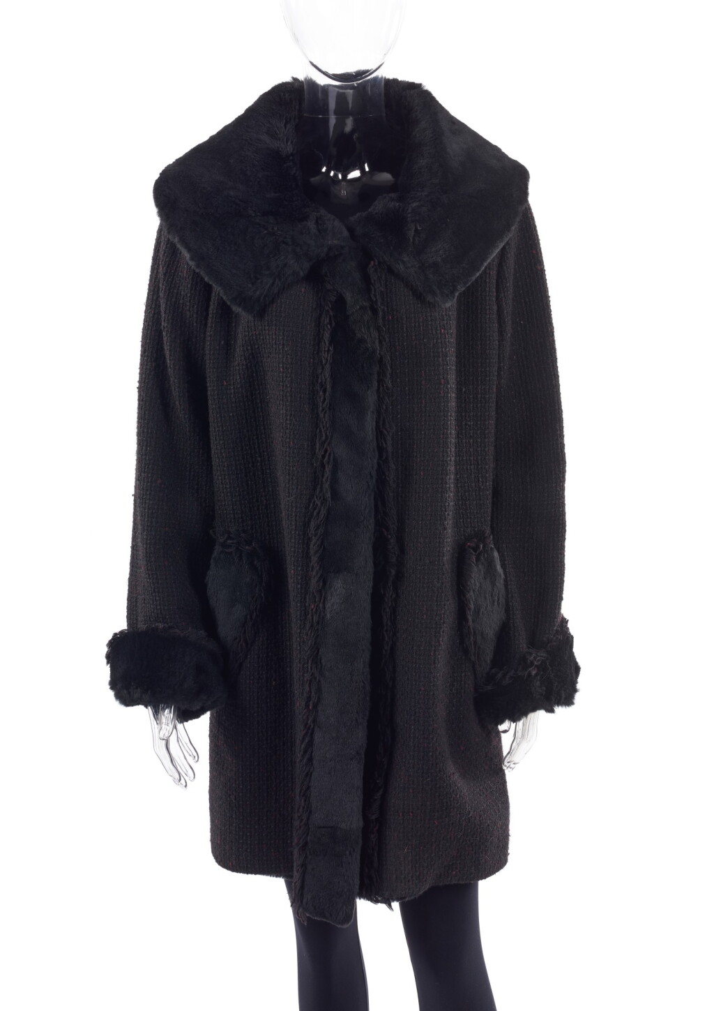 View full screen - View 1 of Lot 47. MIDNIGHT BLUE, LIGHT BLUE AND BORDEAUX KNITTED WOOL COAT WITH LAPIN INSERTS, CHANEL.