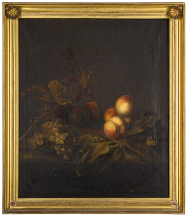 View full screen - View 1 of Lot 43. BAREND VAN DER MEER | Still life of peaches, grapes and vine leaves, all on a stone ledge.