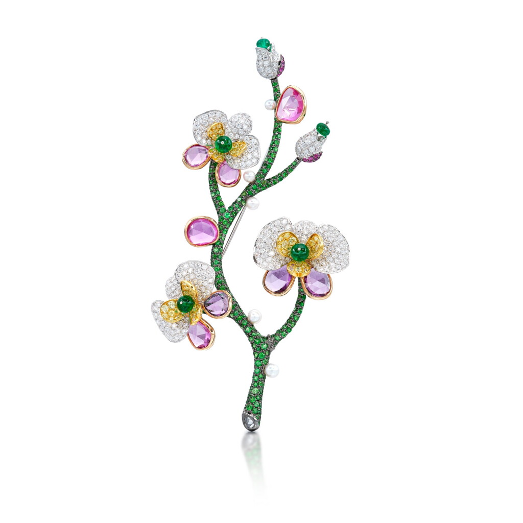 View full screen - View 1 of Lot 346. Gem Set, Diamond and Cultured Pearl Brooch | 寶石 配 鑽石 及 養殖珍珠 胸針.
