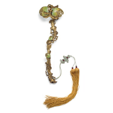 View full screen - View 1 of Lot 34. A CHAMPLEVE ENAMEL 'SANDUO' RUYI SCEPTRE, QING DYNASTY, 18TH CENTURY | 清十八世紀 鏨胎琺瑯多子多福紋如意 .