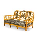 An English gilt and black japanned satinwood three-seater settee, circa 1920-30, attributed to S. Hille & Co