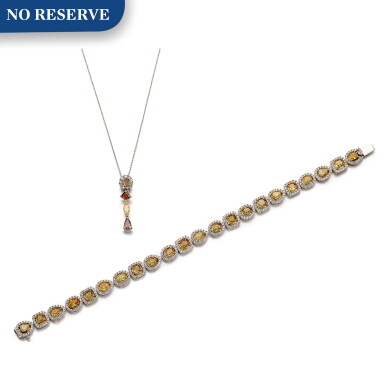 View full screen - View 1 of Lot 1230. COLOURED DIAMOND AND DIAMOND BRACELET AND PENDENT NECKLACE | 彩色鑽石 配 鑽石 手鏈及項鏈.