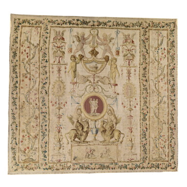 View full screen - View 1 of Lot 821. A LOUIS XVI ALLEGORICAL 'GROTESQUE' TAPESTRY, PROBABLY GOBELINS LAST QUARTER 18TH CENTURY.