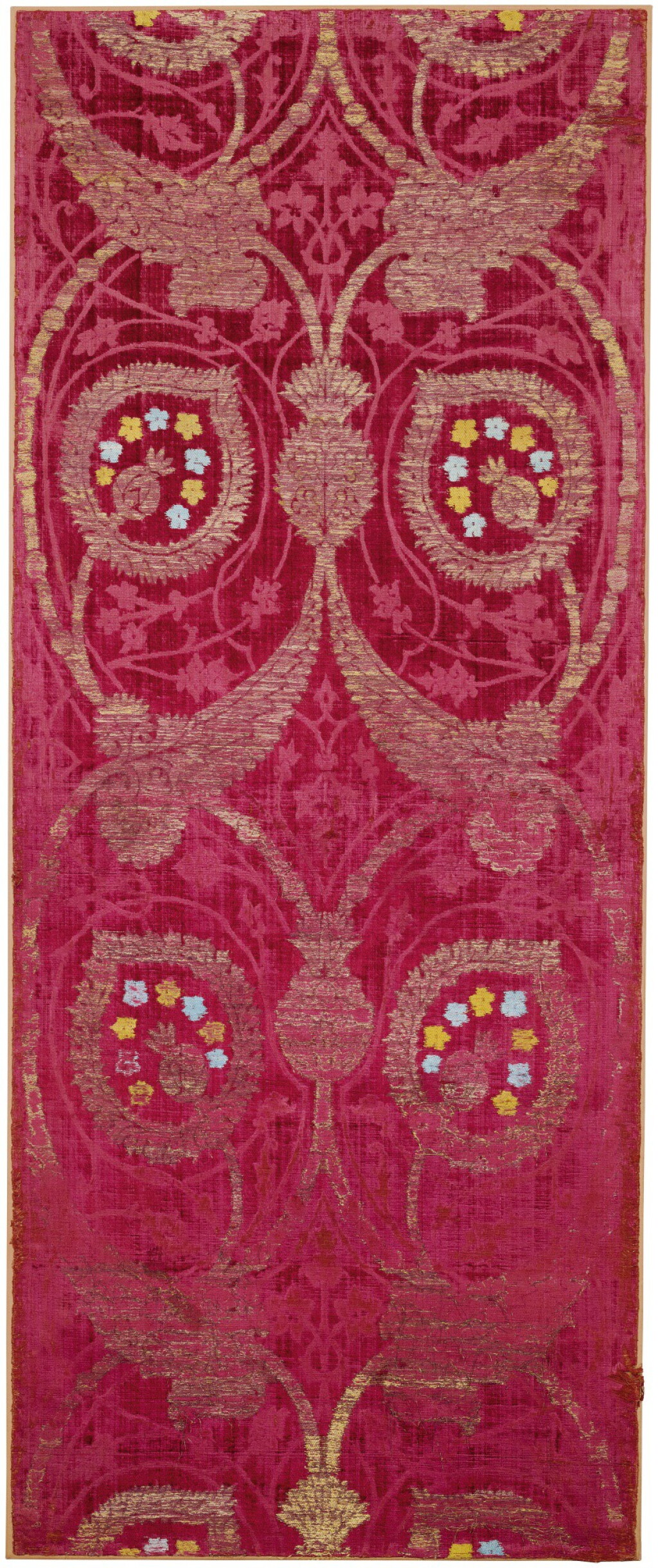 View full screen - View 1 of Lot 172. A SILK, VOIDED VELVET AND METAL-THREAD PANEL WITH FOLIATE MOTIFS IN DOUBLE-OGIVAL DESIGN, TURKEY OR ITALY, 16TH CENTURY.