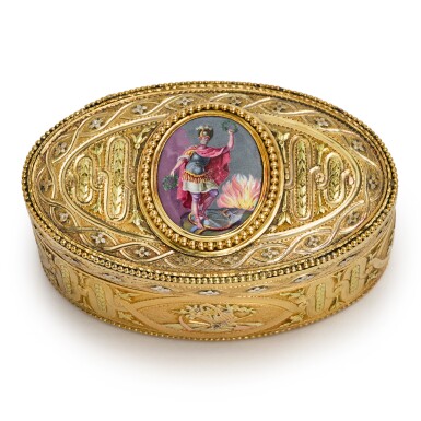View full screen - View 1 of Lot 342. A RARE DANISH VARICOLOR GOLD AND ENAMEL OVAL SNUFF BOX, MAKER'S MARK ? CRO, COPENHAGEN, ASSAY MASTER FREDRICK FABRICIUS, CIRCA 1775.
