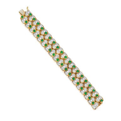 View full screen - View 1 of Lot 29. Tiffany & Co. | Diamond and Emerald Bracelet.