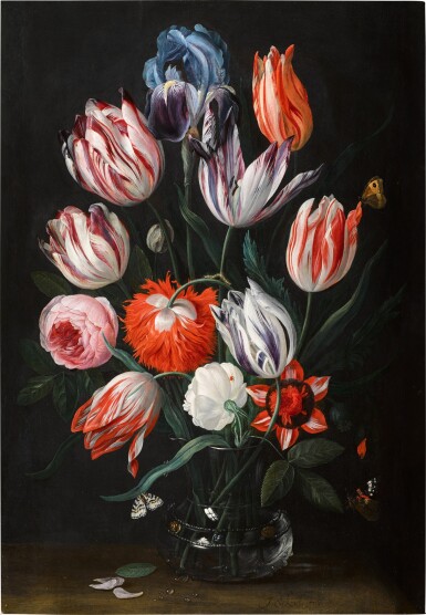 View full screen - View 1 of Lot 28. Still life of tulips, roses, poppy anemones and an iris in a glass vase.