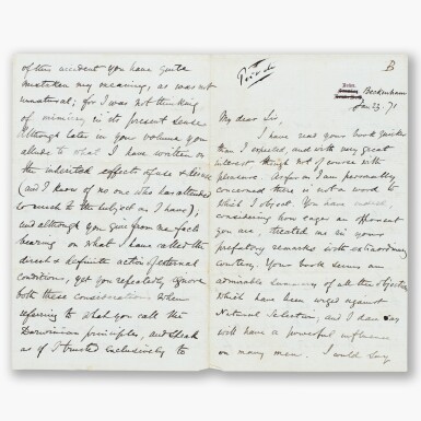 View full screen - View 1 of Lot 94. Charles Darwin | Letter signed, to St George Mivart, defending the theory of natural selection, 23 January 1871.