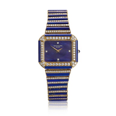 View full screen - View 1 of Lot 241. Reference 4399 | A yellow gold, diamond, and lapis lazuli bracelet wristwatch | Circa 1982.